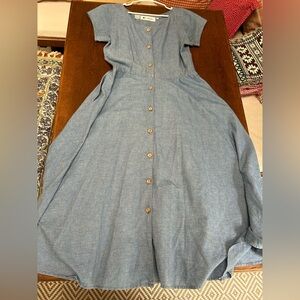 MS CHAUS,all cotton lt Blue denim Button-Down Maxi Dress,full skirt,side pockets